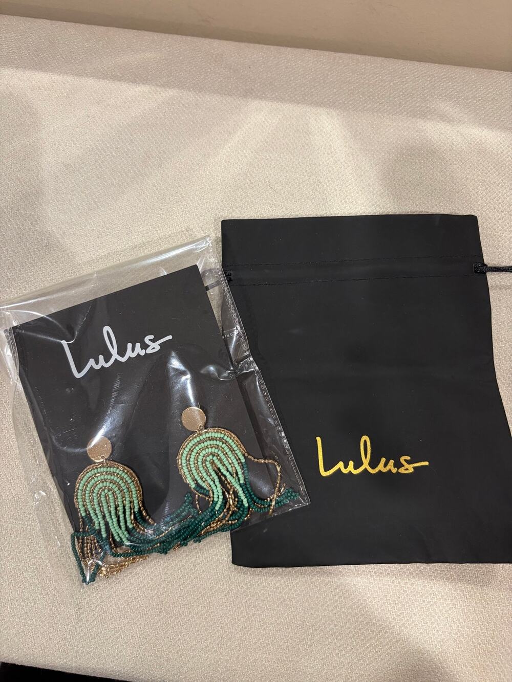 NWT Lulus Green and Gold Beaded Fringe Statement Earrings with Jewelry Bag